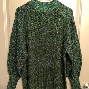 H&M metallic green bubble sleeve sweater dress NWT